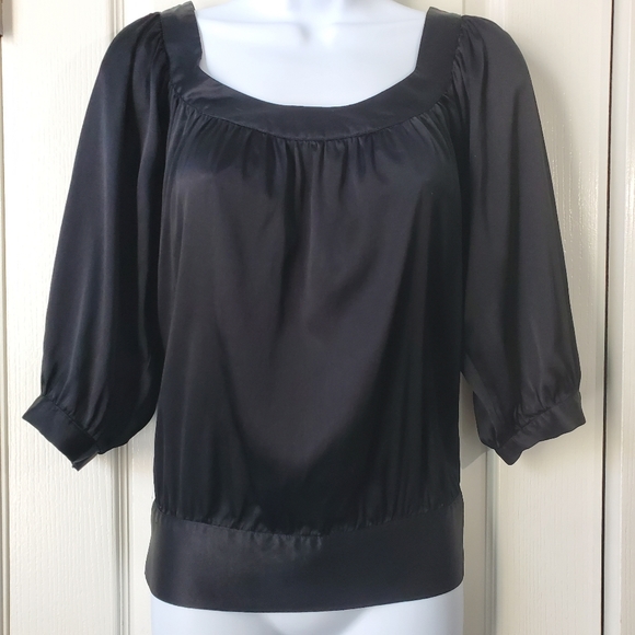 GUESS Brand Party Boho Peasant Shirt Black w/Rhinestones Scooping Neck Open Back - Picture 2 of 7